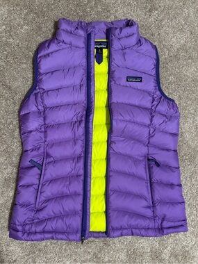 Patagonia womens Sm Youth: XL Purple Down Puffer Vest with Neon Yellow Lining